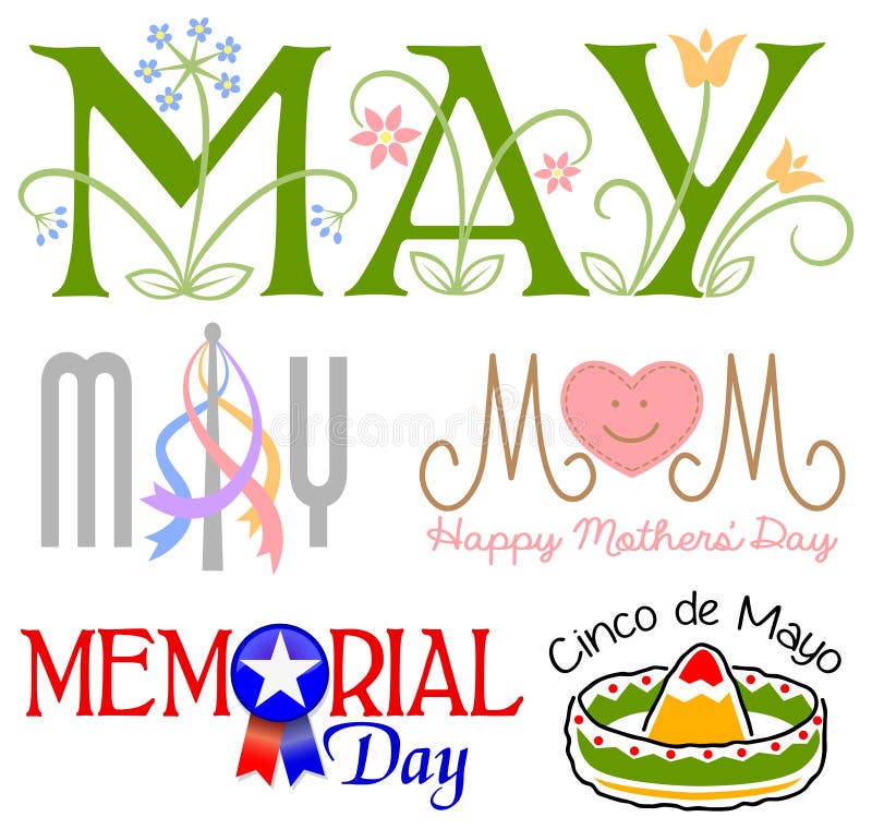 Collage of May holidays featuring floral text, Mother's Day heart, Memorial Day star, and Cinco de Mayo sombrero.