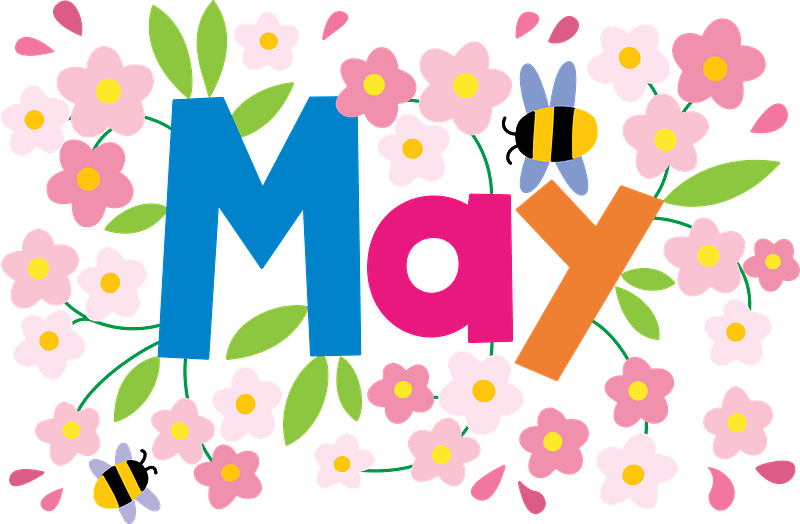 Colorful text spelling May surrounded by pink and white flowers and bees on a black background.