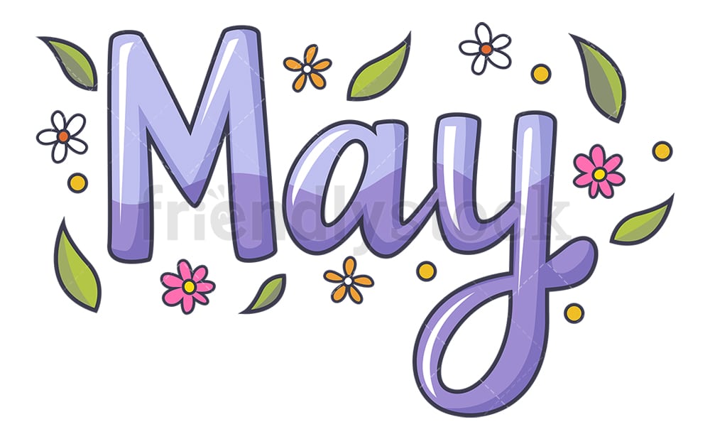 Purple "May" lettering surrounded by colorful flowers and green leaves.