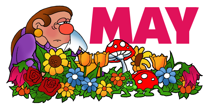 May clip art illustration with cartoon character, colorful spring flowers, red mushrooms and frog