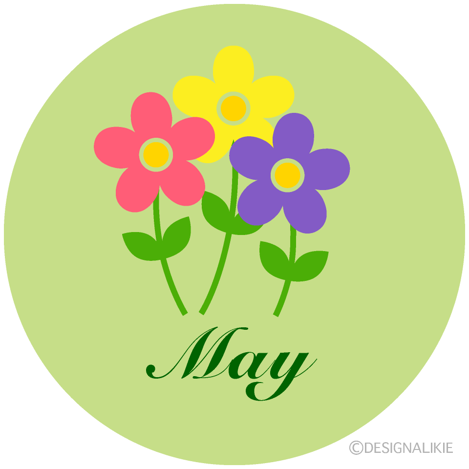 A graphic of pink, yellow, and purple flowers inside a light green circle with the word May in script below.