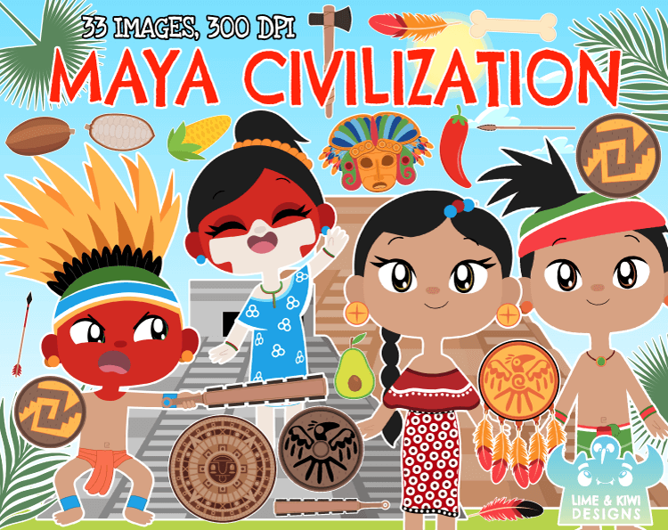 Maya Civilization educational clipart set with cartoon characters in traditional dress, pyramids, masks, and cultural symbols
