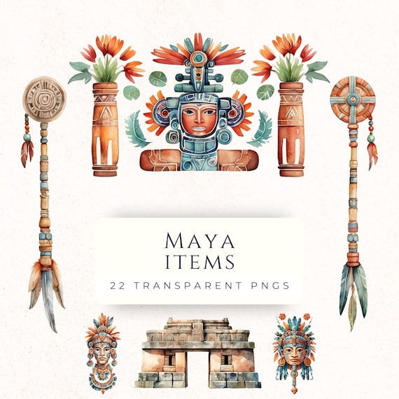 Watercolor collection of Maya items featuring a deity, temple ruins, ceremonial staffs, and floral vases.