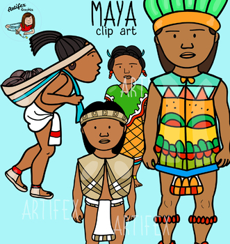 Four illustrated Maya figures featuring a noble in a feathered headdress, a laborer with a load, and others in traditional dress.