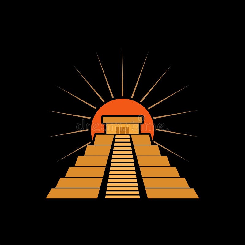 Ancient Mayan Pyramid at Sunset - Vector Illustration
