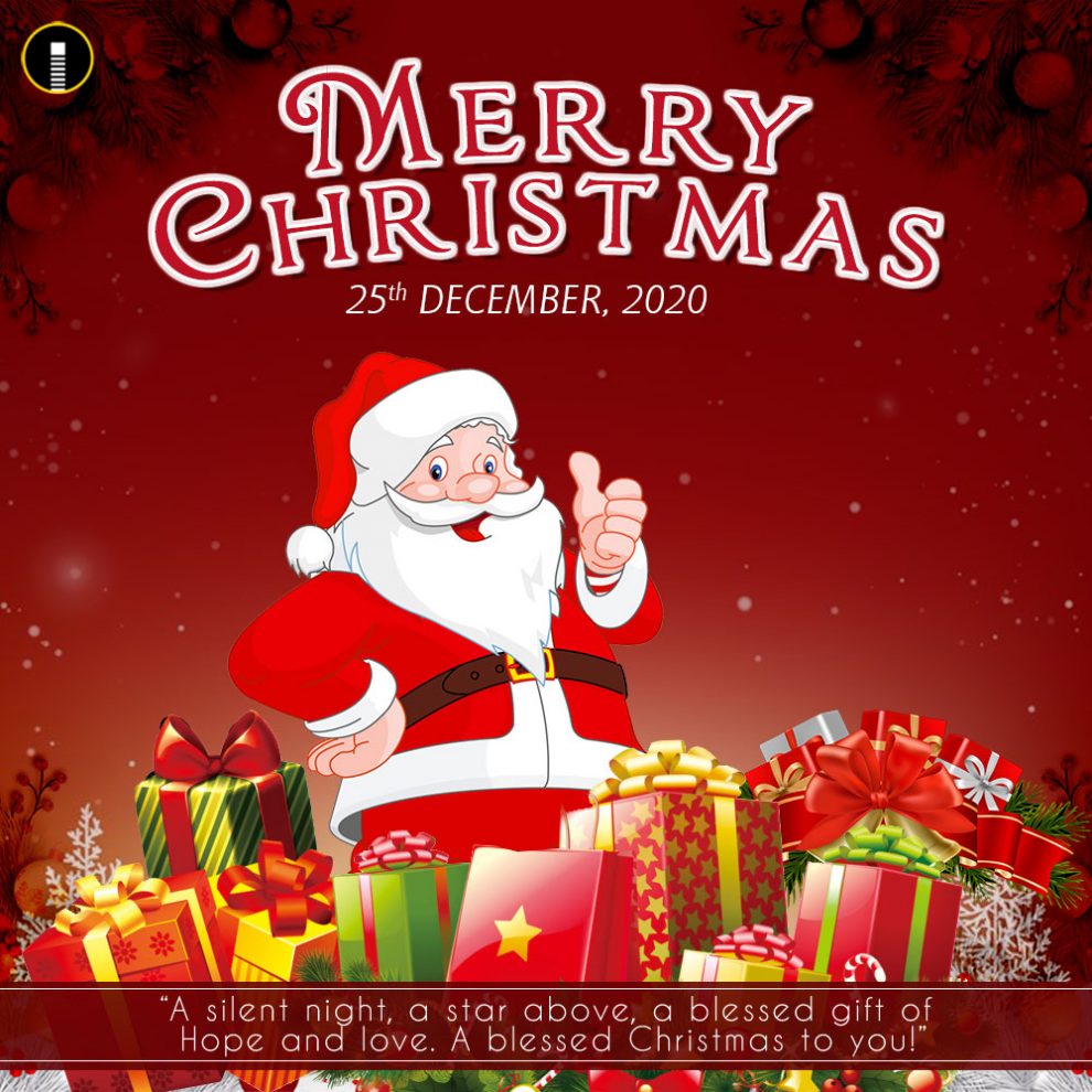 Merry Christmas 2020 Greeting Card with Santa Claus and Gifts