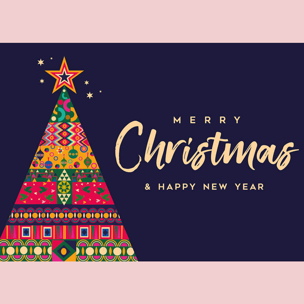Merry Christmas and Happy New Year Greeting with Colorful Geometric Tree