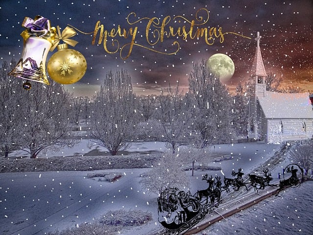 Merry Christmas Winter Scene with Church and Santa's Sleigh