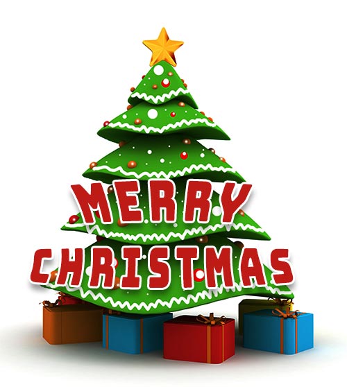 Merry Christmas 3D Tree with Gifts and Greeting Text