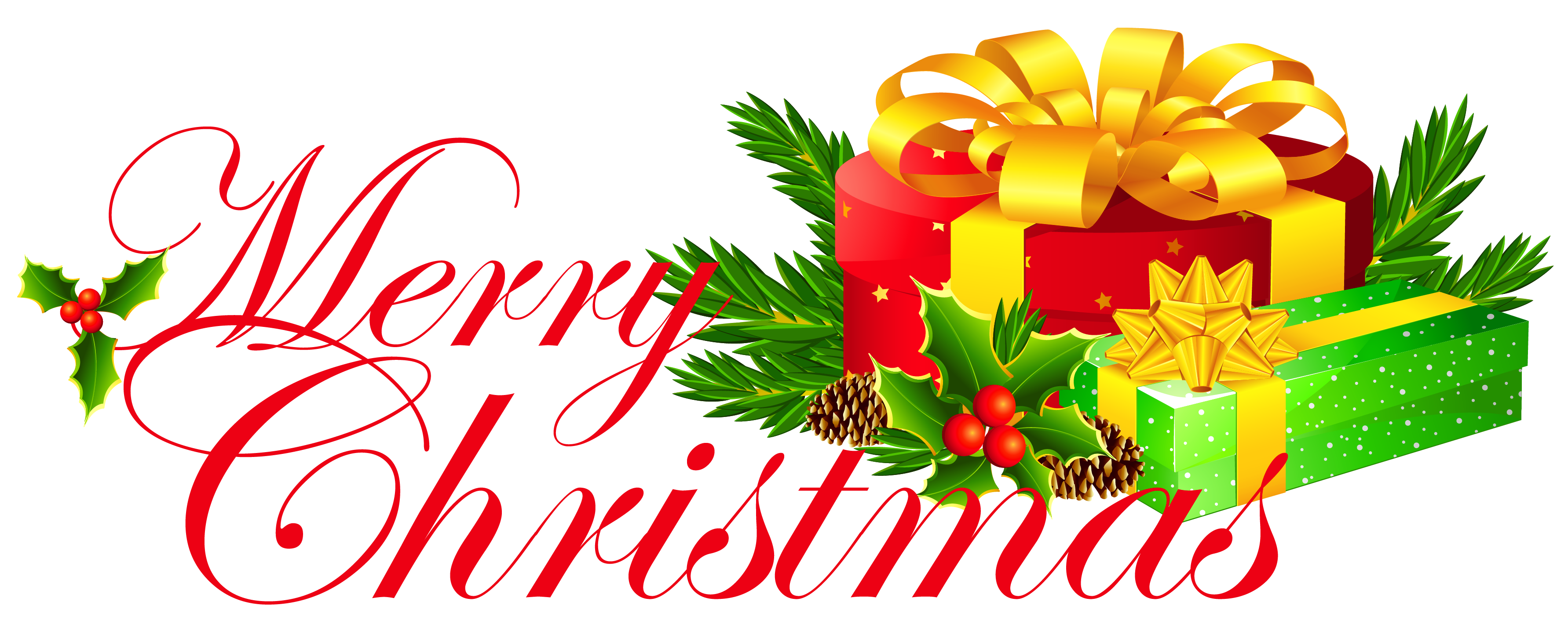 Merry Christmas Greeting with Gifts, Pine, and Holly | Festive Clip Art