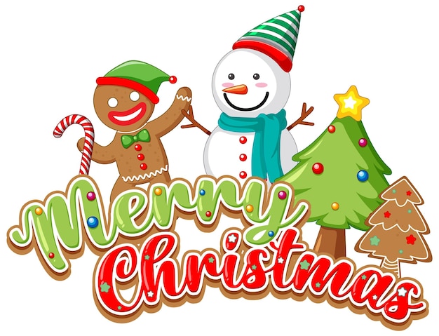 Merry Christmas Illustration with Gingerbread Man and Snowman