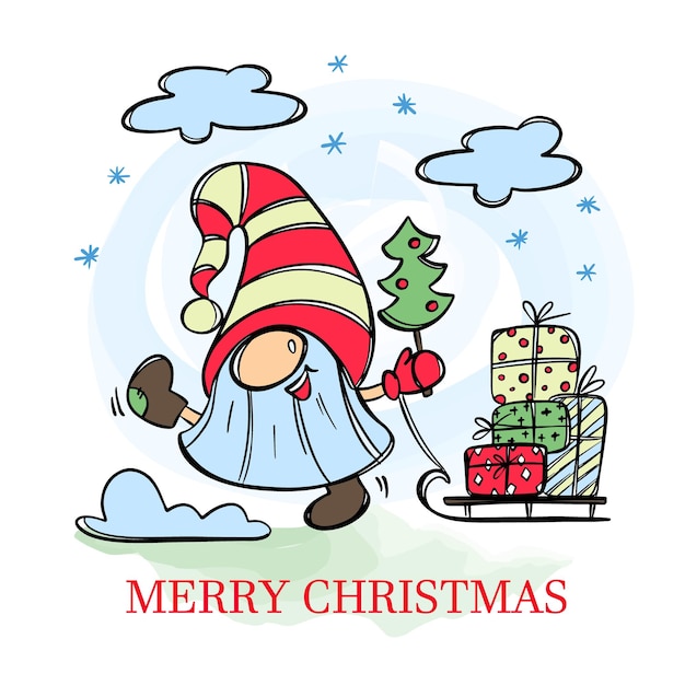 Merry Christmas Gnome Illustration with Gifts and Sled