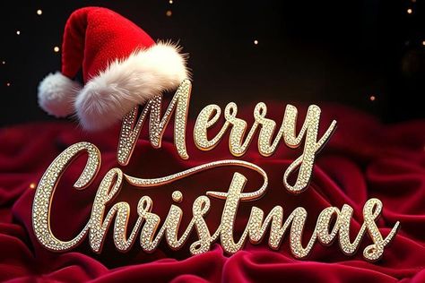 Elegant Merry Christmas Gold Glitter Text with Santa Hat