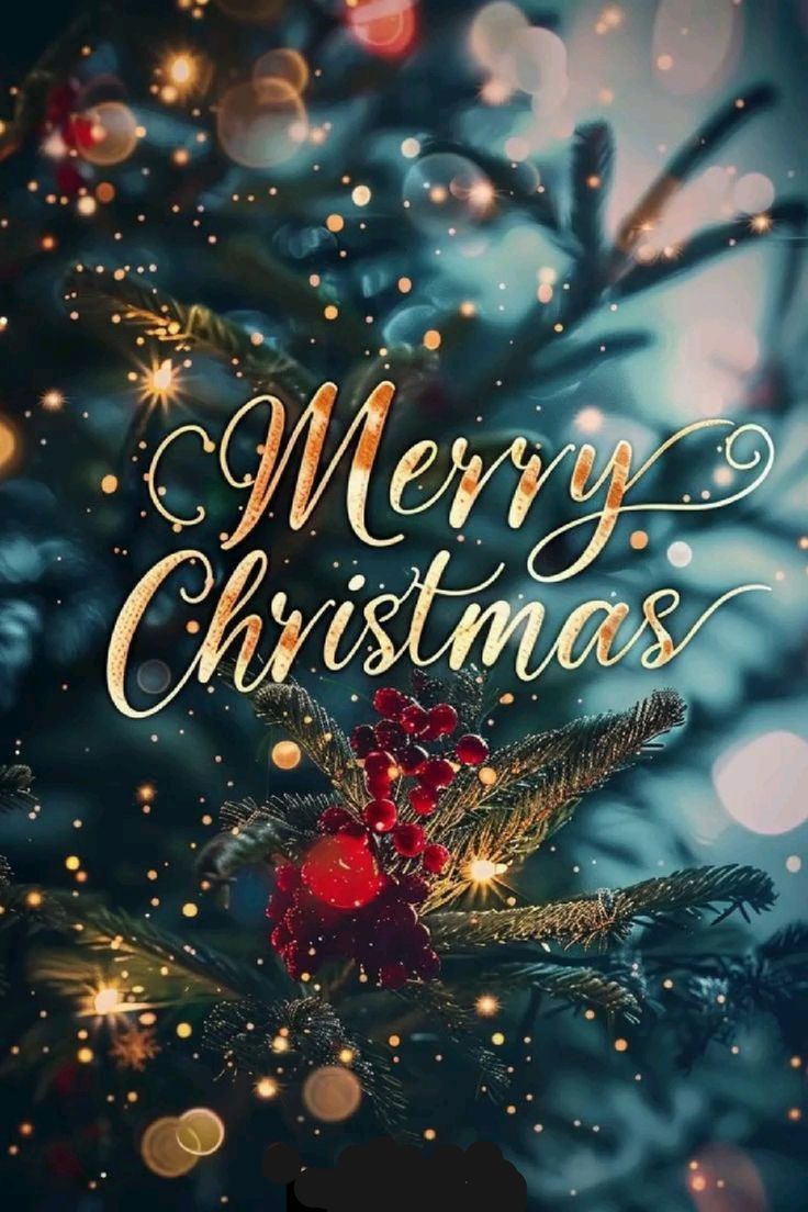 Merry Christmas Greeting with Golden Script and Festive Lights