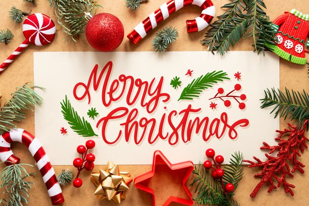 Festive Merry Christmas Greeting Card with Holiday Decorations