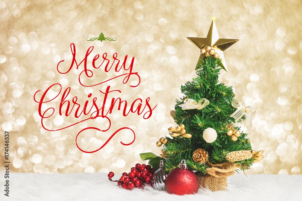 Merry Christmas Greeting Card with Miniature Tree & Gold Background