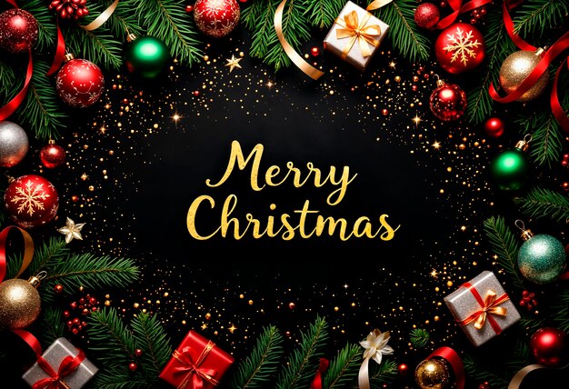 Merry Christmas Greeting Card with Festive Ornaments and Gifts