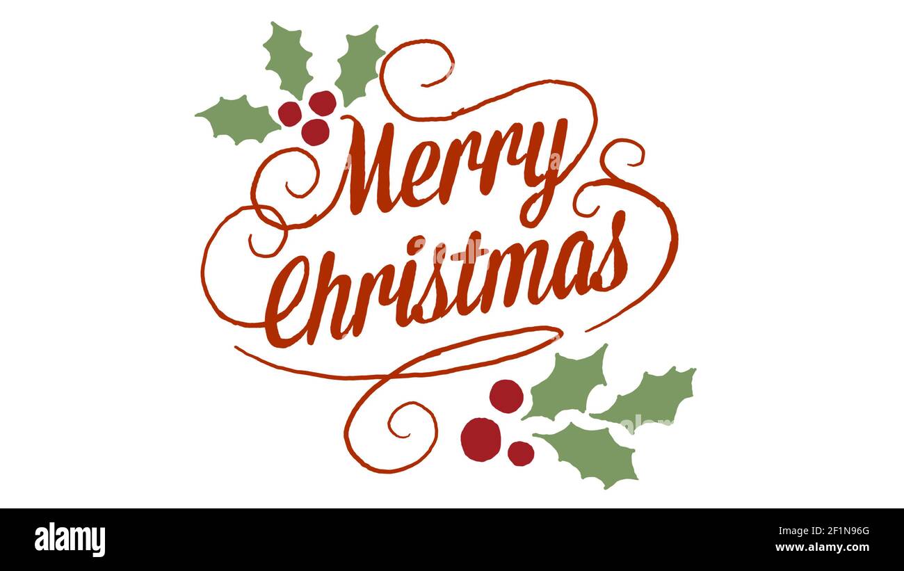 Merry Christmas Hand Lettering with Holly and Berries Vector Design