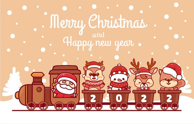 Merry Christmas and Happy New Year 2022 Train Illustration with Santa and Animals
