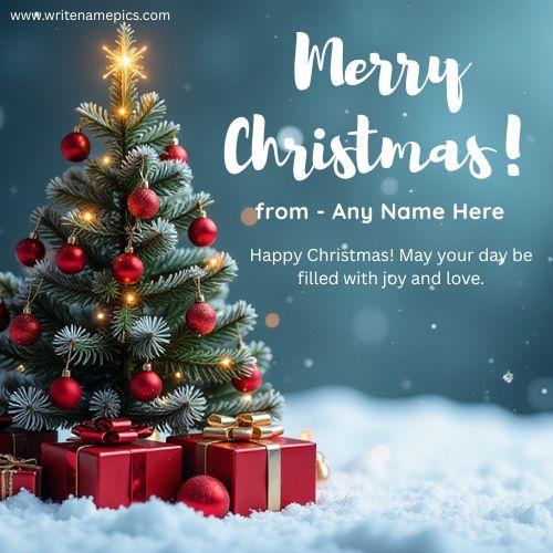 Festive Christmas tree with red ornaments and gifts in the snow featuring a personalized Merry Christmas greeting.