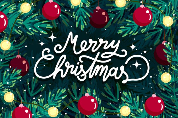 Festive Merry Christmas Greeting Card with Pine Branches and Ornaments