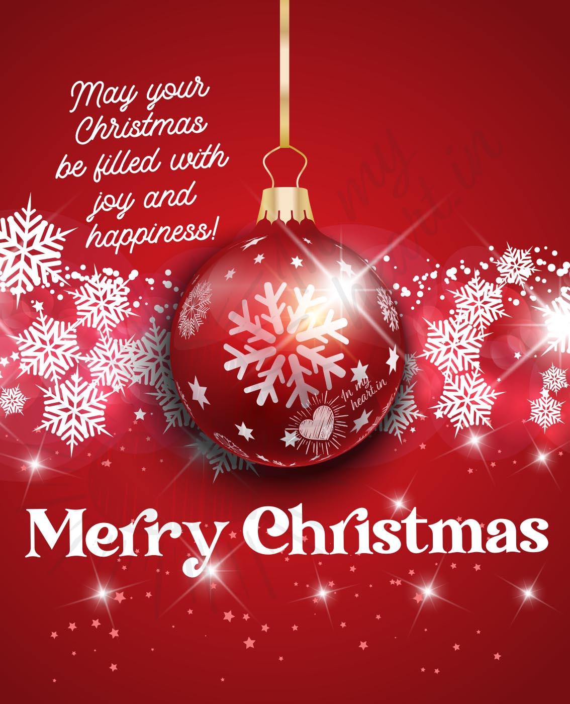 Merry Christmas Greeting Card with Red Bauble and Snowflakes