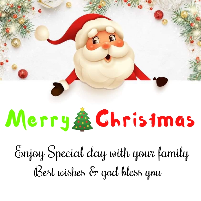 Merry Christmas Greeting Card with Santa Claus and Family Wishes