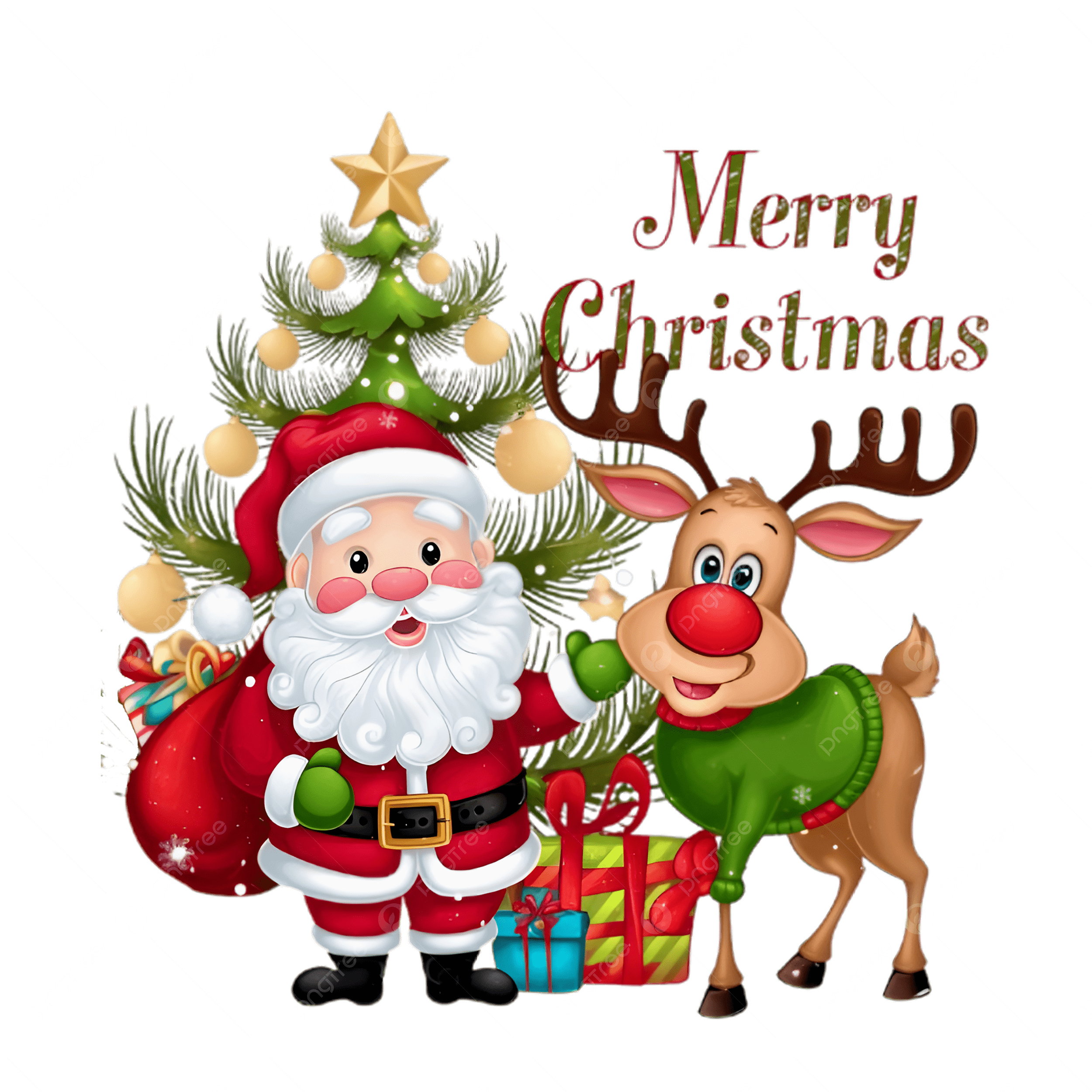 Merry Christmas Santa and Reindeer with Gifts Illustration