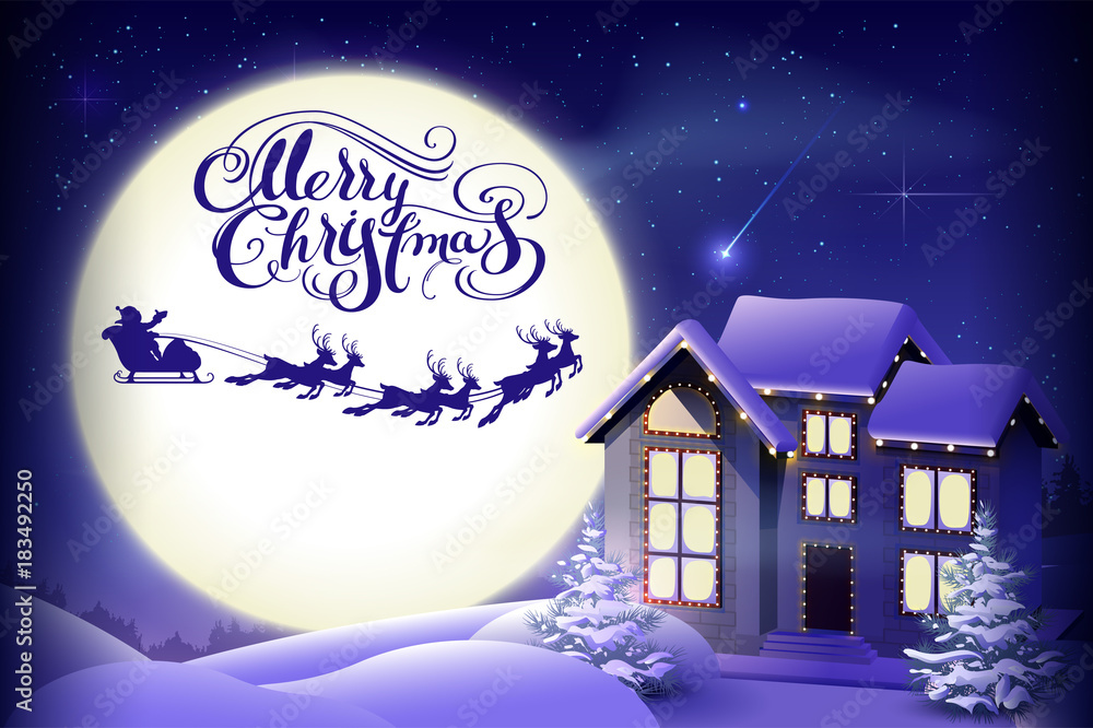Magical Christmas Eve Illustration with Santa Sleigh and Snowy House