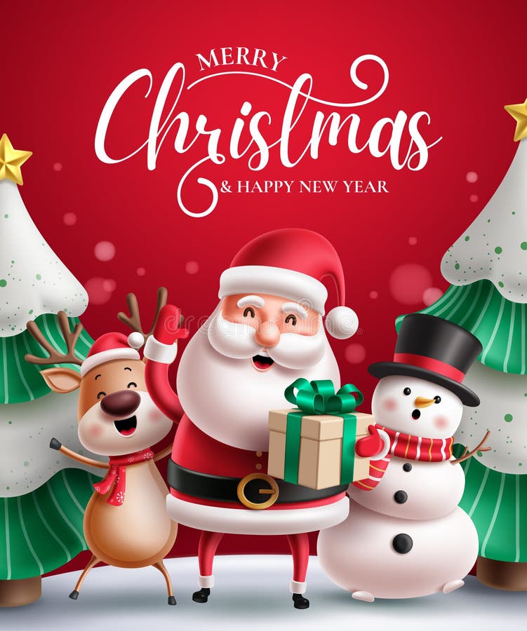 Merry Christmas & Happy New Year 3D Illustration with Santa, Reindeer, and Snowman