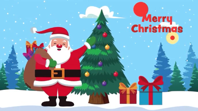 Merry Christmas Illustration: Santa Claus with Tree and Gifts