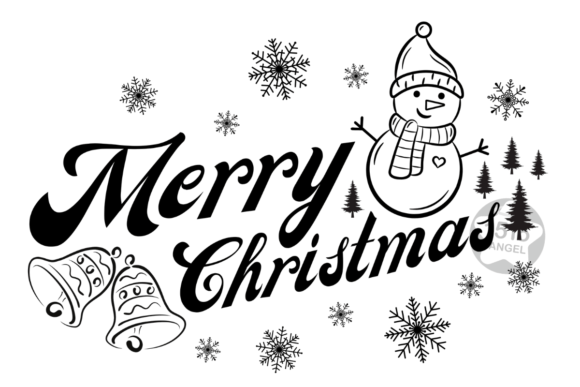 Merry Christmas Coloring Page with Snowman, Bells, and Snowflakes