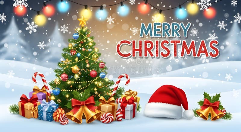 Merry Christmas Greeting Card with Decorated Tree, Gifts, and Snowy Background