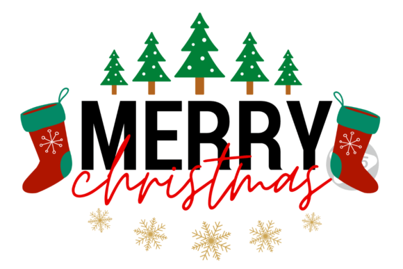 Merry Christmas Greeting Card Design with Trees and Stockings