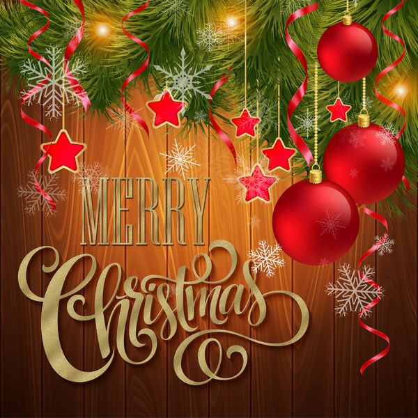 Merry Christmas Greeting Card with Red Ornaments and Wooden Background