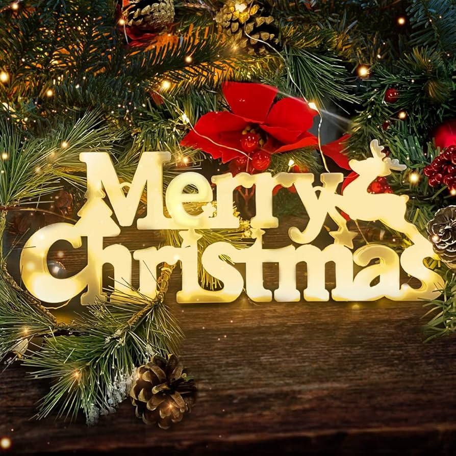 Festive Merry Christmas Wooden Sign with Fairy Lights and Pine