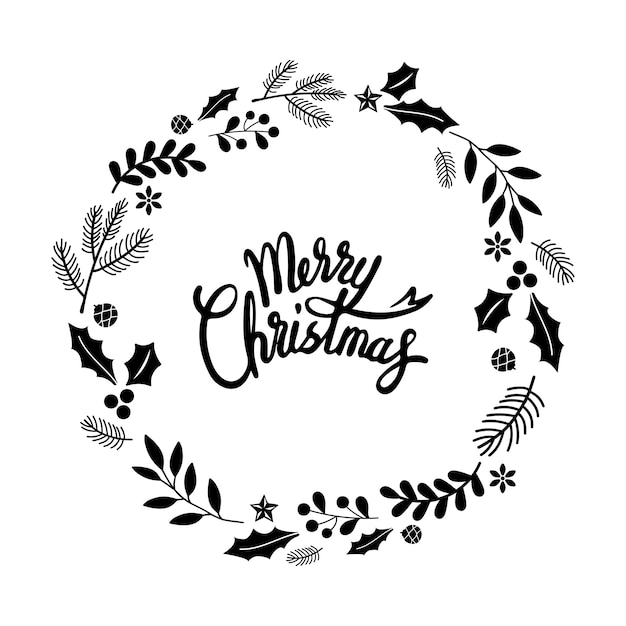 Elegant Merry Christmas Wreath Illustration with Calligraphy