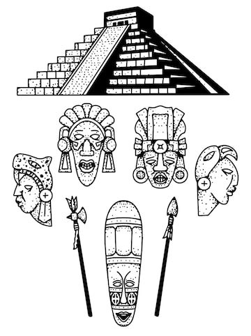 Mesoamerican History Illustrations: Pyramids, Masks, and Weapons