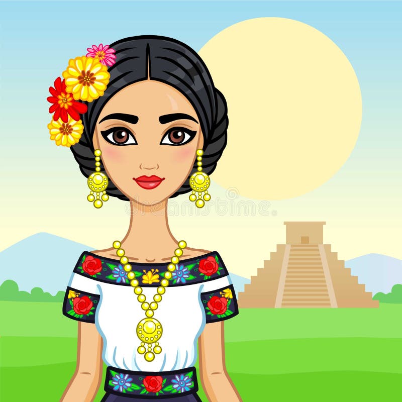 Mexican woman in traditional embroidered dress and gold jewelry with flowers in her hair standing before a Mayan pyramid.