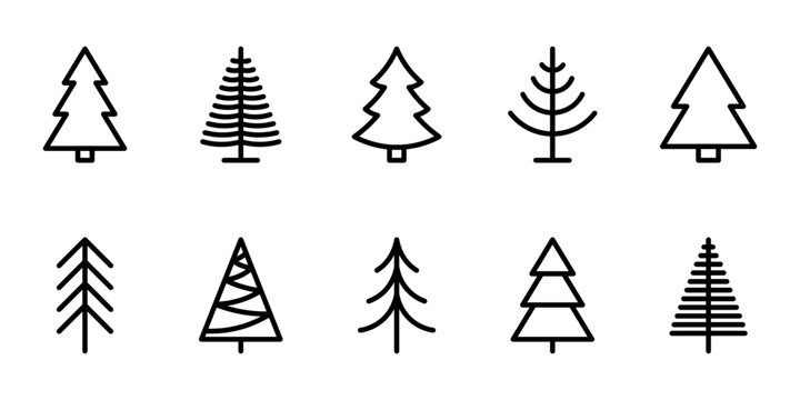 Minimalist Pine Tree Icon Set - Vector Line Art Collection