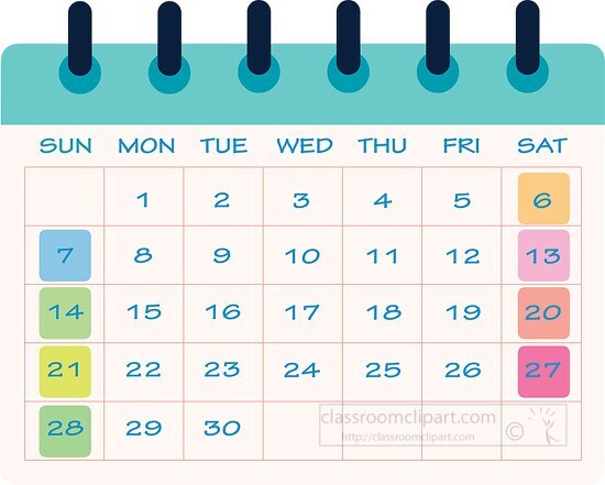Colorful Monthly Calendar Clipart with Highlighted Dates