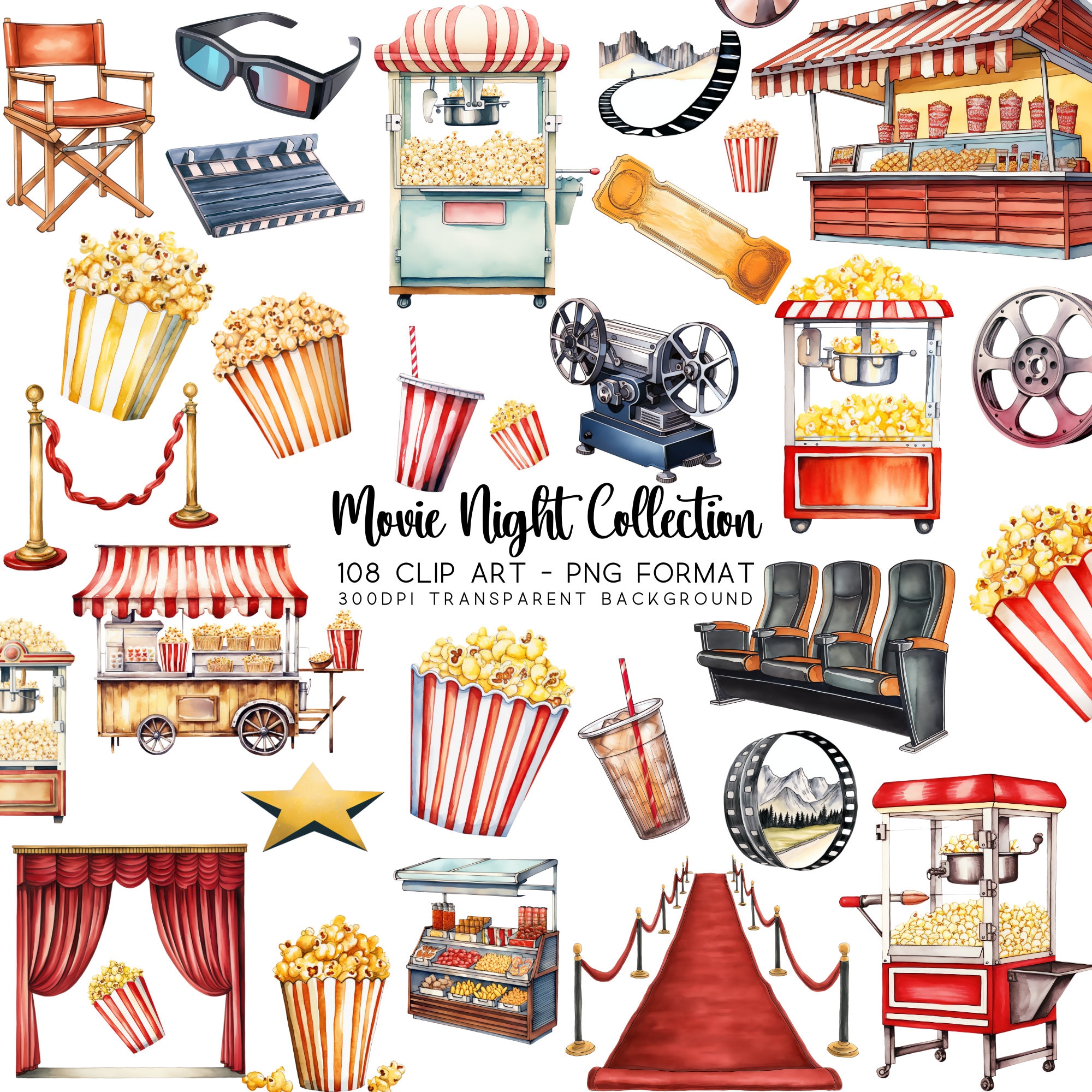 108 Movie Night Clip Art Elements | Watercolor Cinema Collection