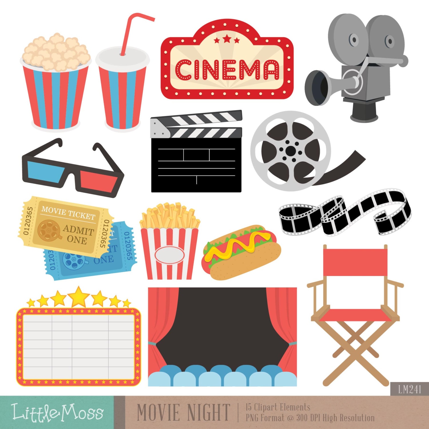 Movie Night Clipart Set: 15 Cinema Themed Vector Elements