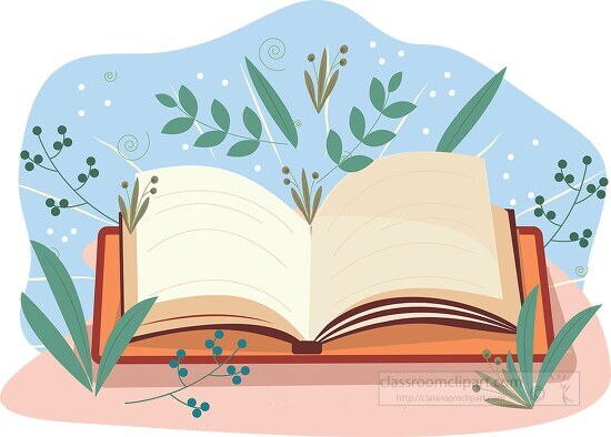 Open Book Illustration with Nature Elements and Blank Pages
