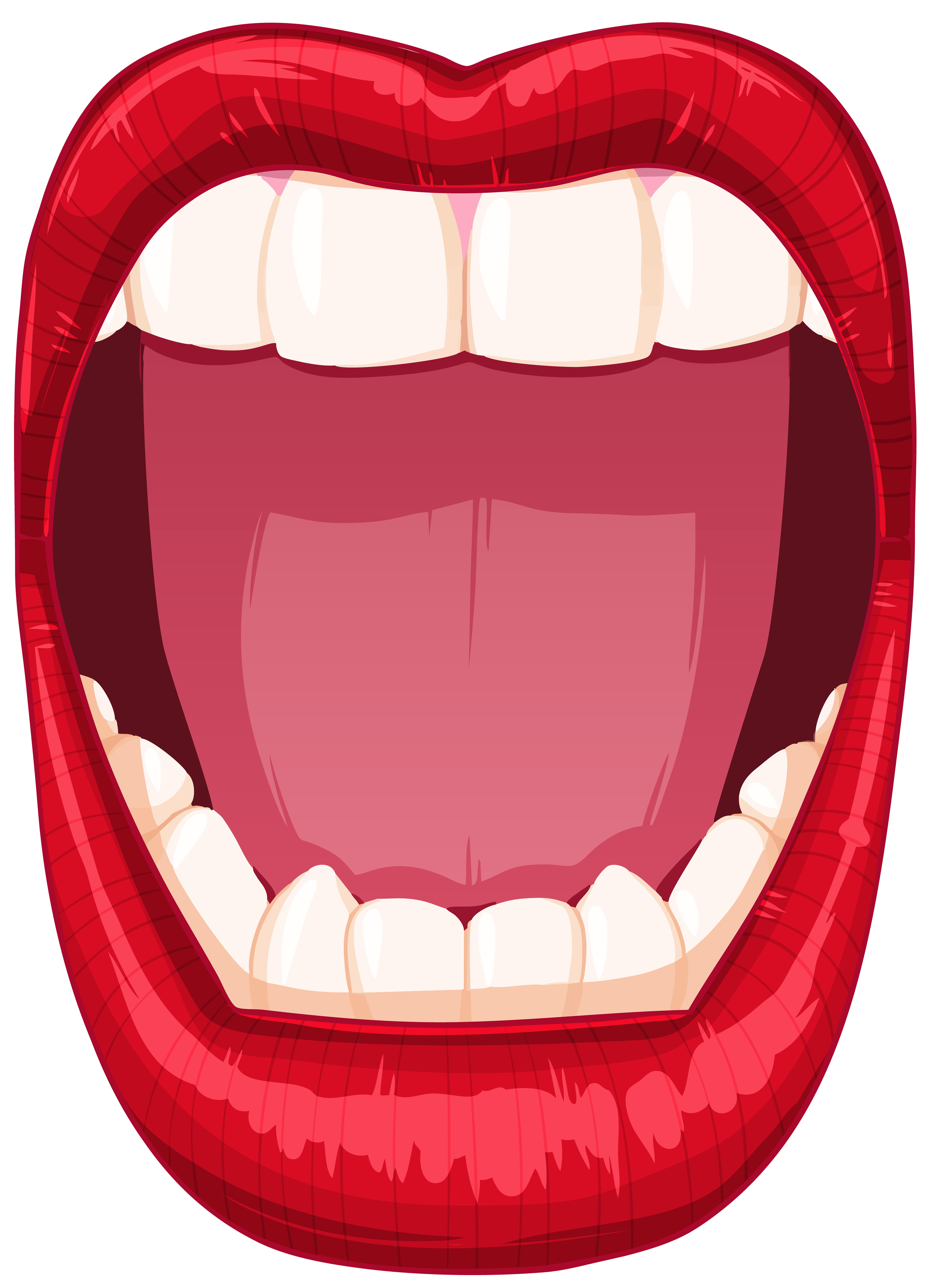 Vector illustration of a wide open mouth showing white teeth, red lips, and a pink tongue.