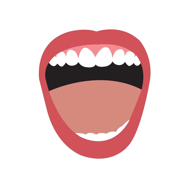 Cartoon illustration of an open mouth with red lips and white teeth.