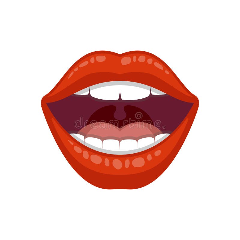 Vector illustration of an open mouth with glossy red lips and white teeth.