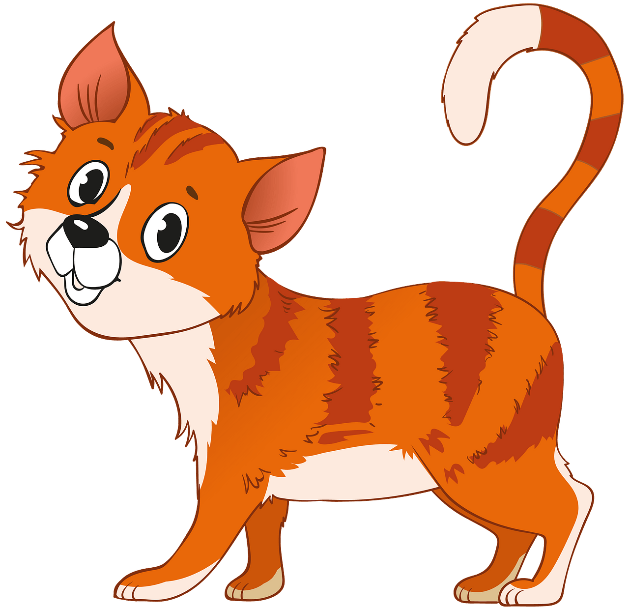 Cartoon orange tabby cat standing profile view with a happy expression and raised tail.