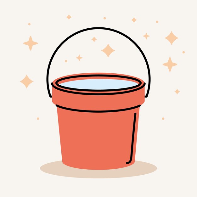 Vector illustration of an orange bucket filled with water and a black handle surrounded by sparkles.
