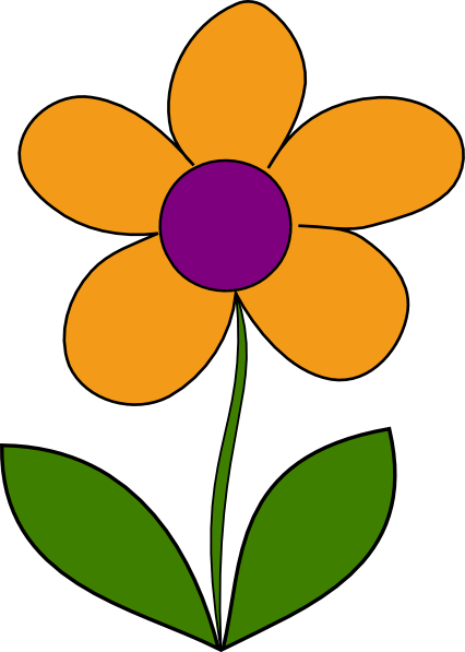 Simple orange flower with purple center and green leaves clipart illustration
